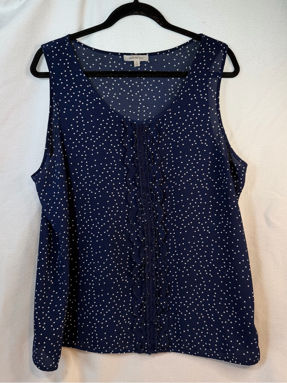 Skies Are Blue Navy Polka Dot Ruffle Front Sleeveless Tank